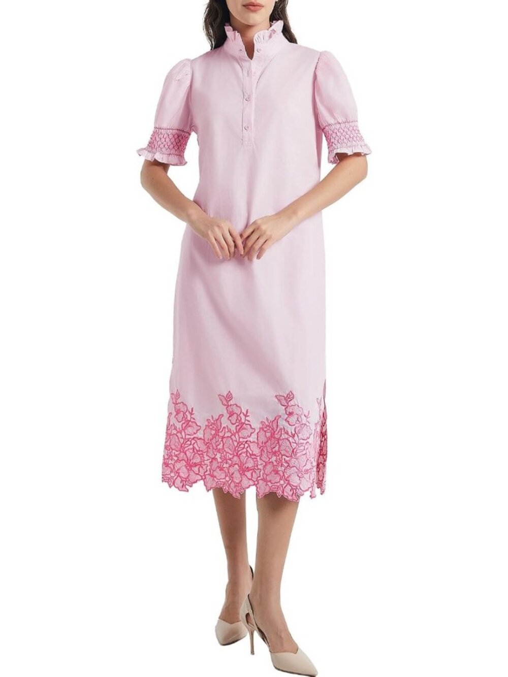 Floral Embroidered Midi Shirt Dress for Women | Stylish Button Down Design